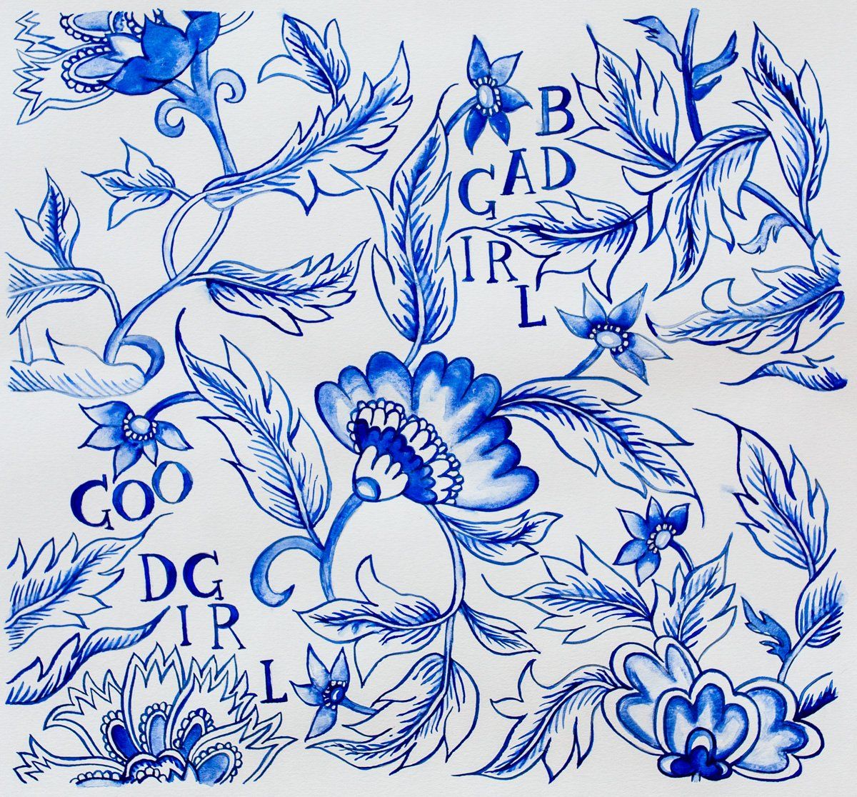 A blue and white drawing of flowers and leaves with the letters b cad ir l