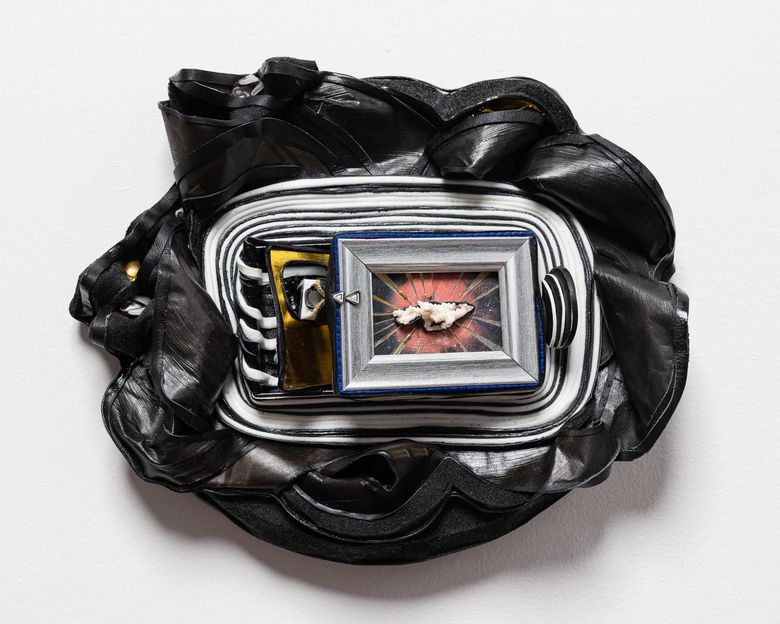 Painting of a woman with five eyes blending with an image of a ballroom.