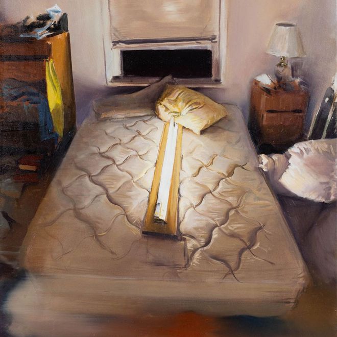 A painting of a bed with a lamp on it