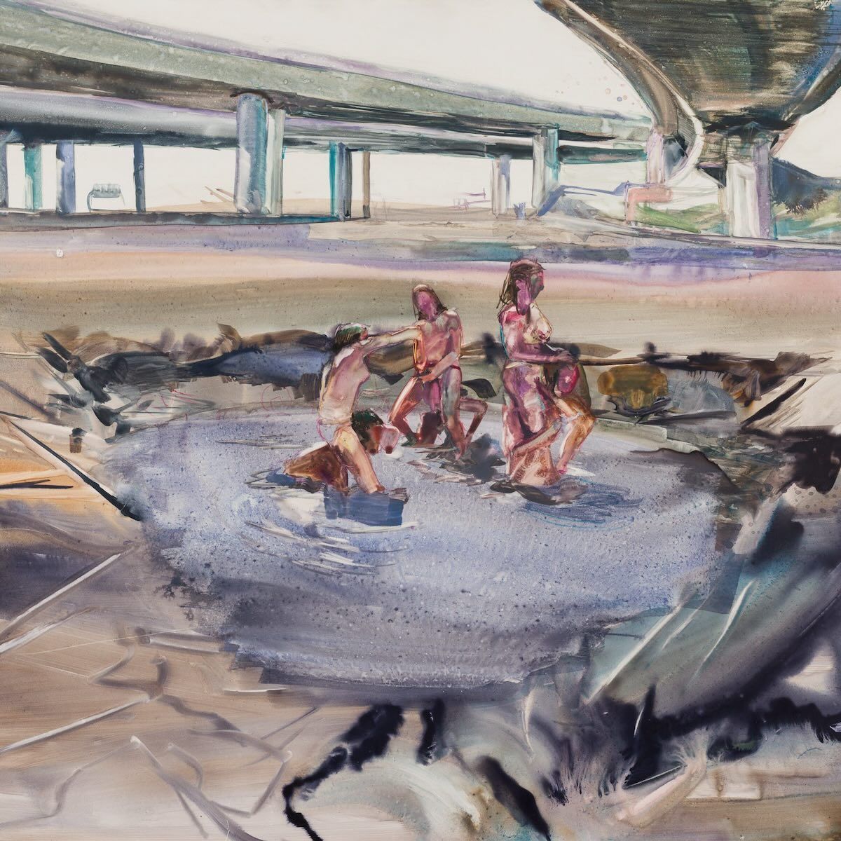 A watercolor painting of a group of people playing in a pool