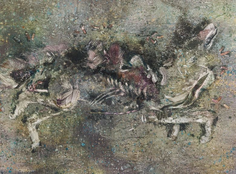 Painting of a woman with five eyes blending with an image of a ballroom.