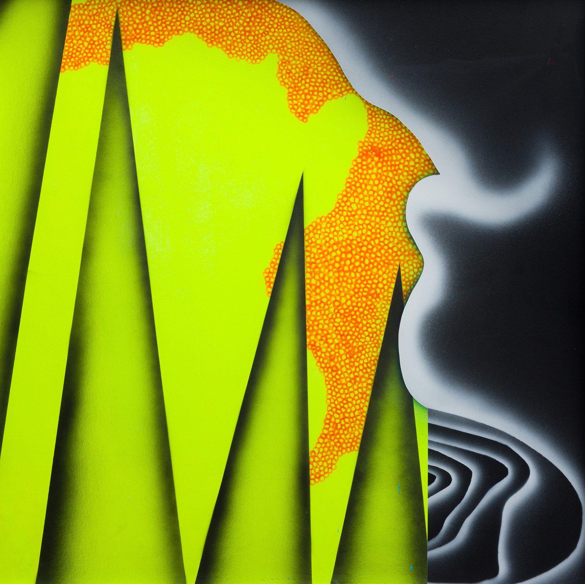 A painting of a yellow and orange mountain with smoke coming out of it