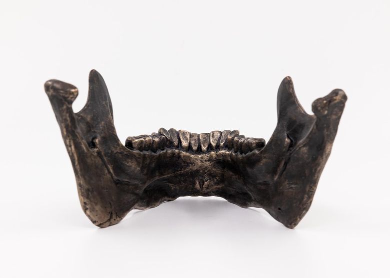 Painting of a woman with five eyes blending with an image of a ballroom.