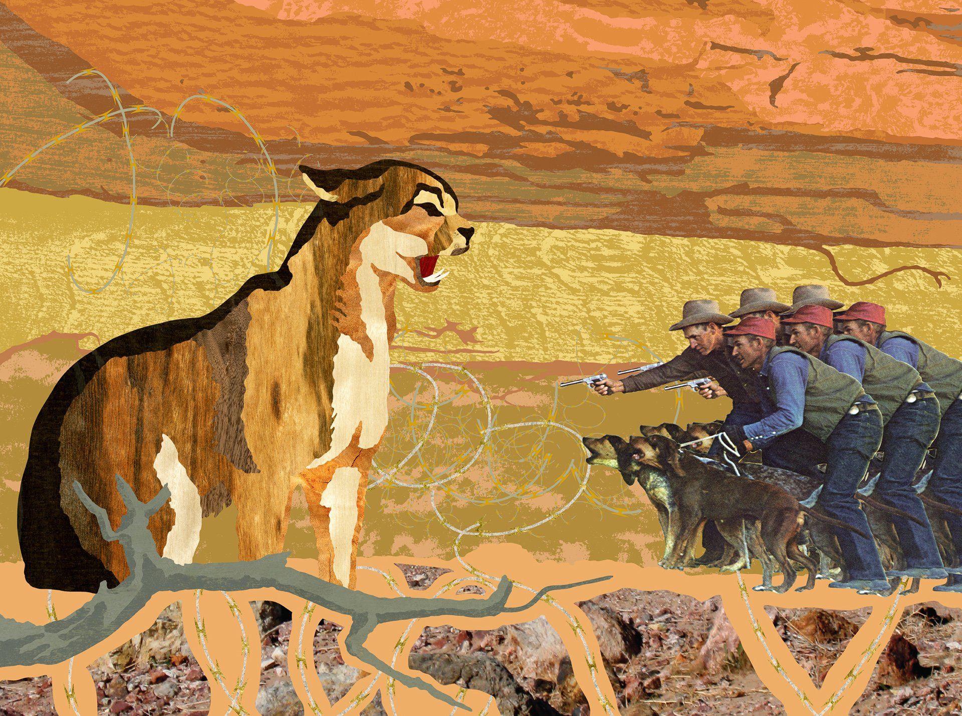 A painting of a dog standing next to a group of men