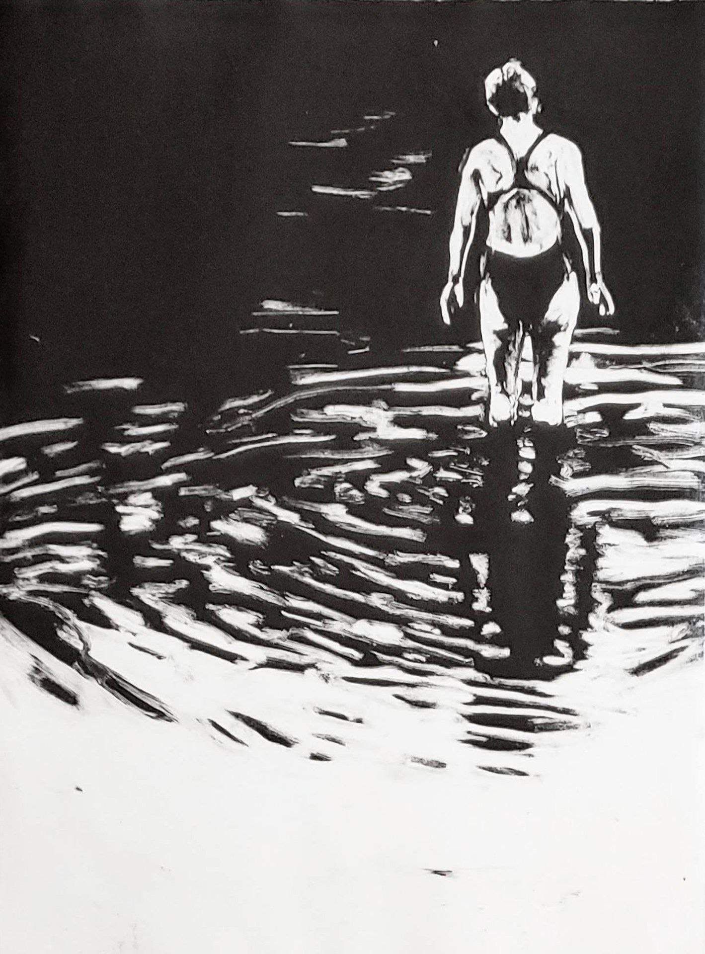 A black and white drawing of a person walking in the water