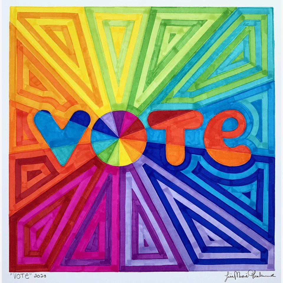 A colorful painting with the word vote in the center