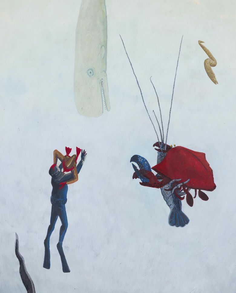 Painting of a woman with five eyes blending with an image of a ballroom.