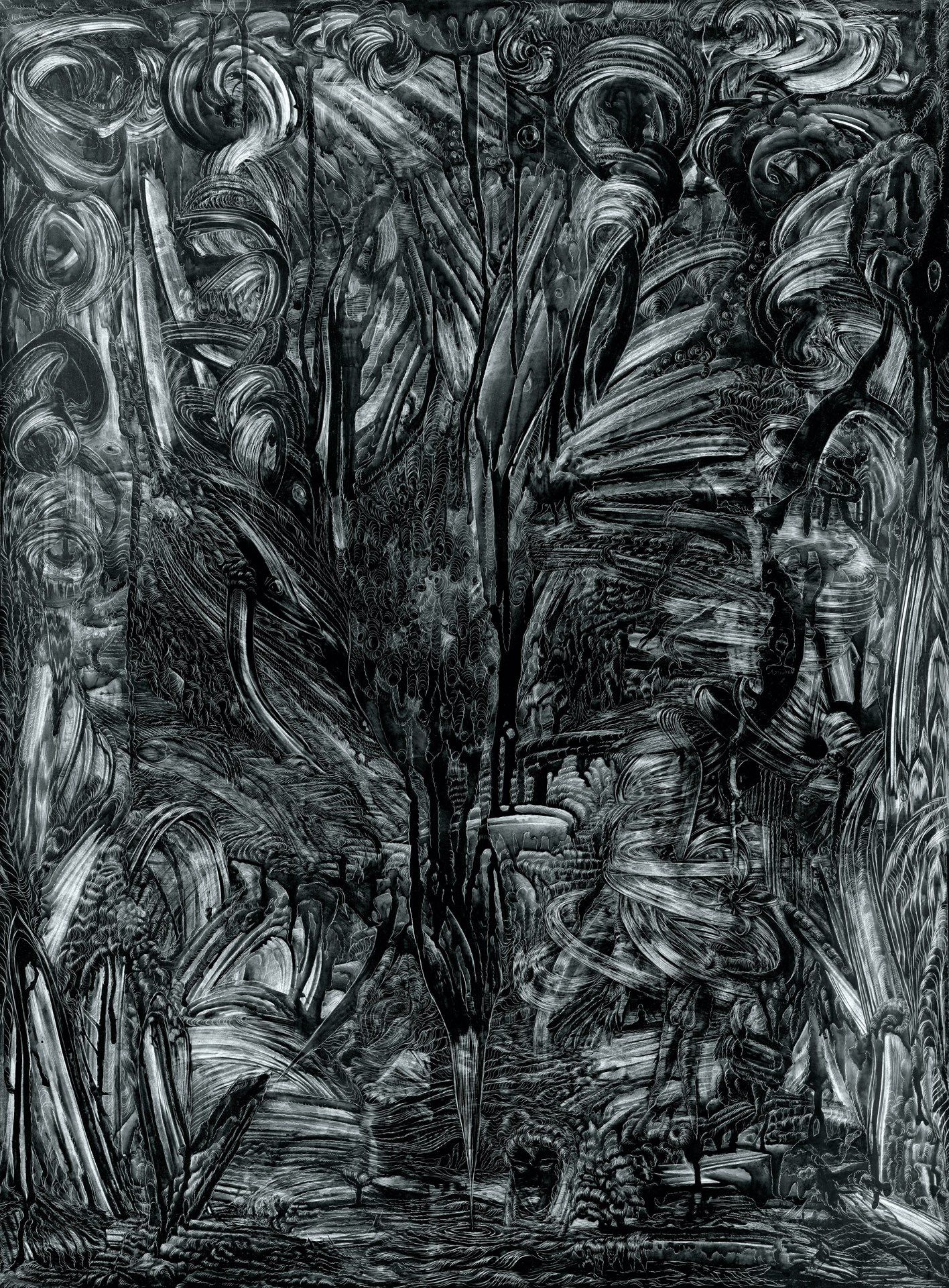 It is a black and white painting of a forest.