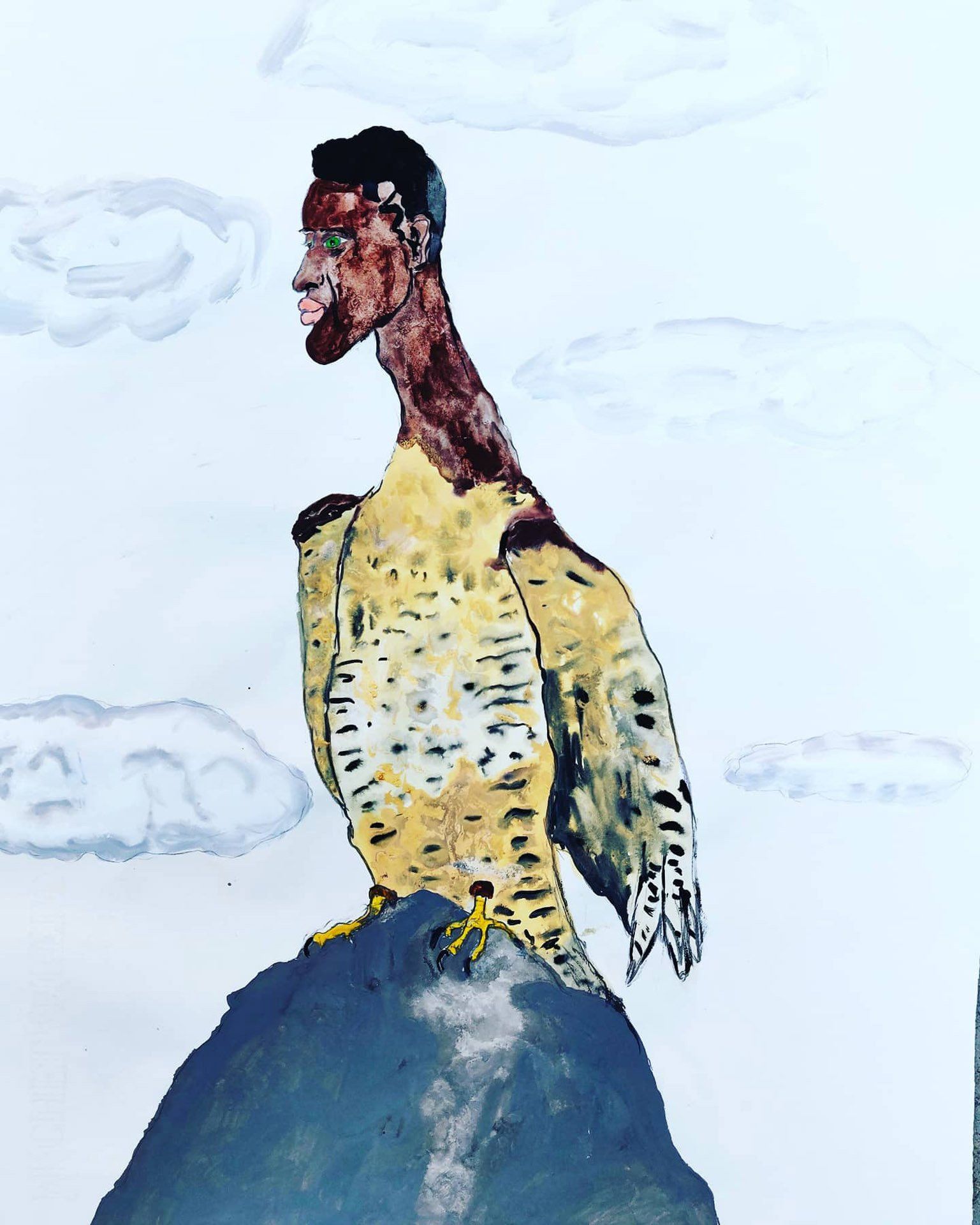 A drawing of a man with a very long neck