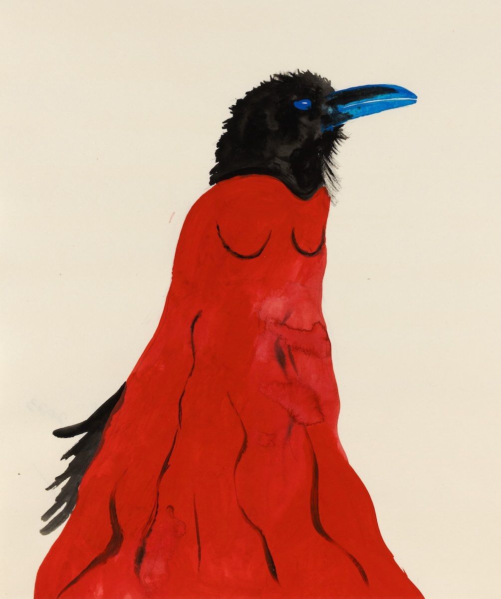 Eve Wood painting of a raven in a red dress.