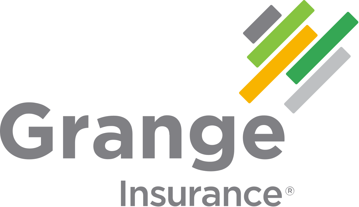 Grange Insurance logo: gray text with a tilted square of colored lines (gray, green, yellow).