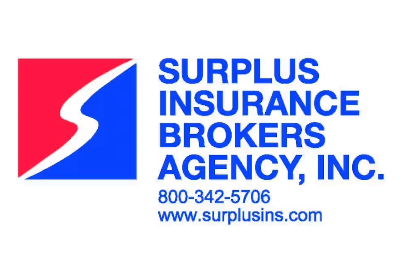 Logo of Surplus Insurance Brokers Agency, Inc., with red and blue graphic and contact information.