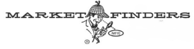 Logo for Market Finders: a cartoon detective with a magnifying glass holding a sign that says MFC.