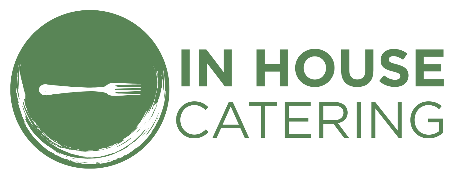 A logo for in house catering with a fork in a green circle.
