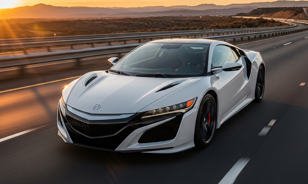 Acura sports car driving on highway at sunset