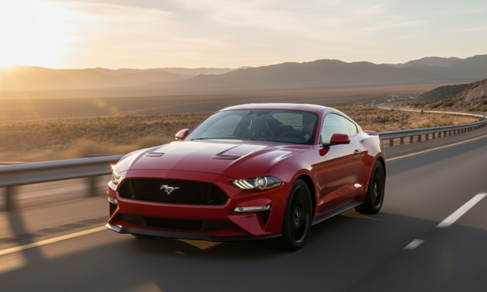 Red Ford Mustang sports car driving on highway at sunset