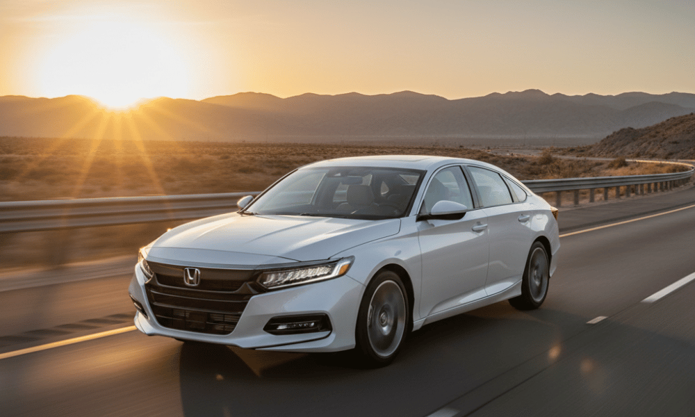 White Honda sedan driving on highway at sunset