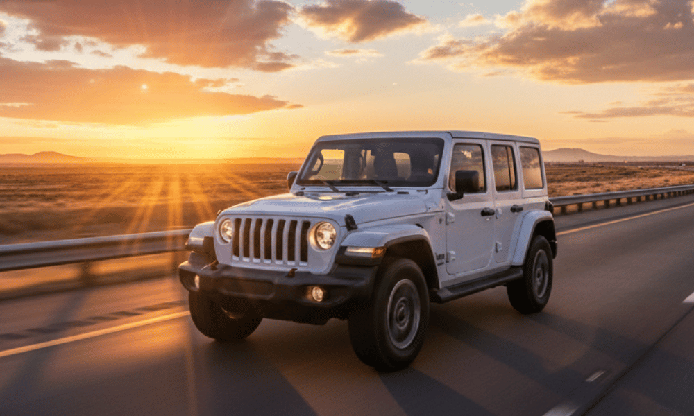 White Jeep Wrangler SUV driving on highway at sunset
