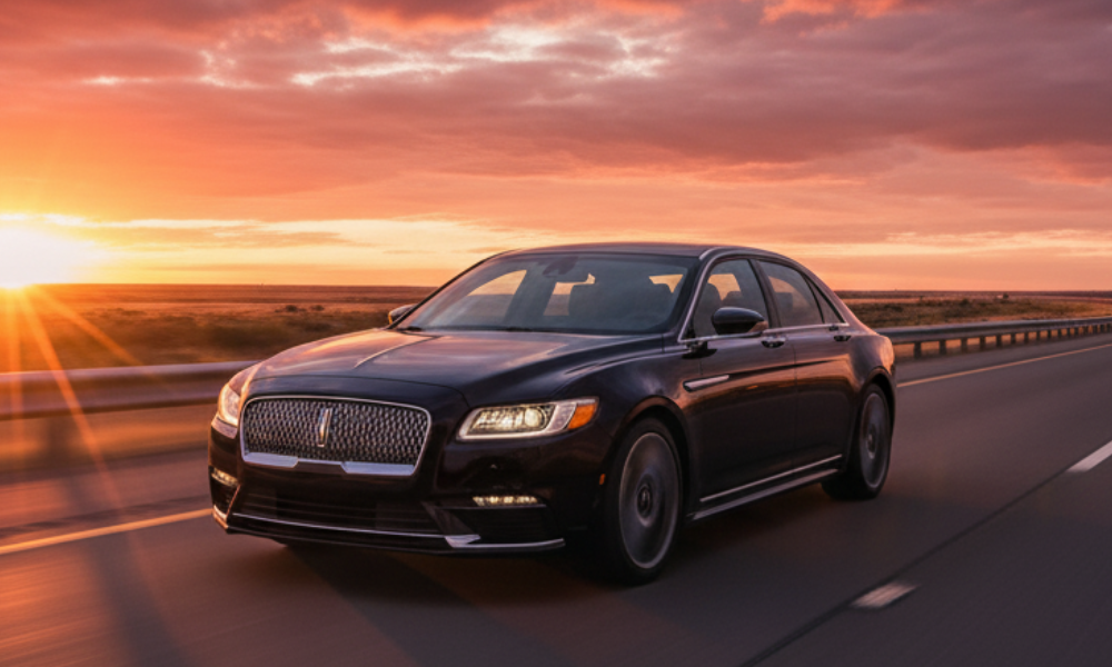 Lincoln luxury sedan driving on highway at sunset