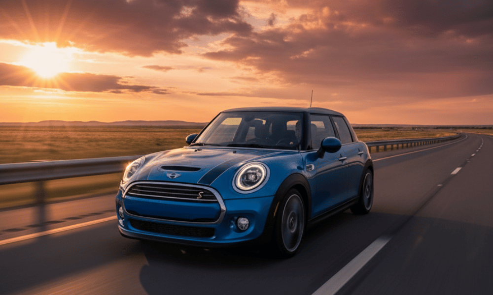 Blue MINI Cooper hatchback driving on highway at sunset