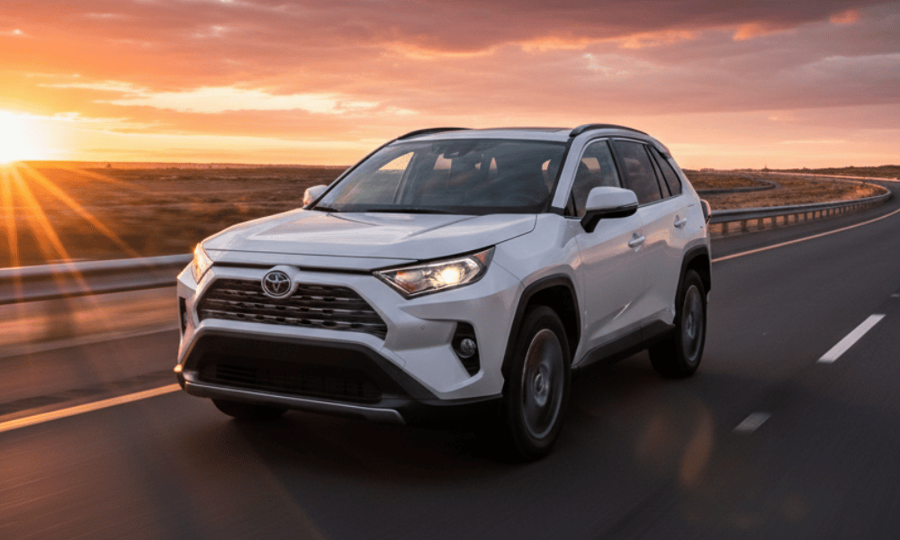 White Toyota SUV driving on highway at sunset