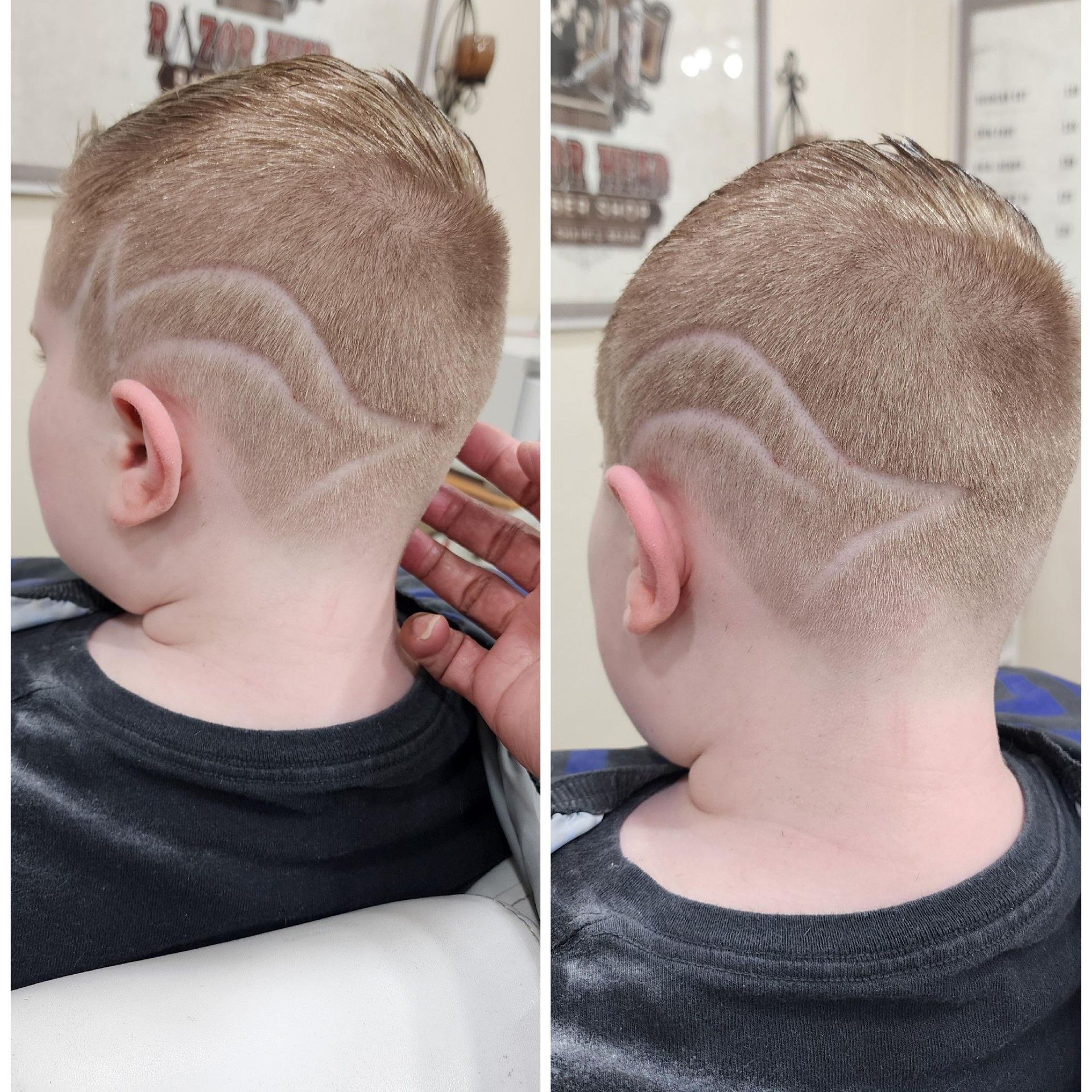 Two side-by-side views of a short haircut featuring two curved, shaved lines carved into the back of the head.