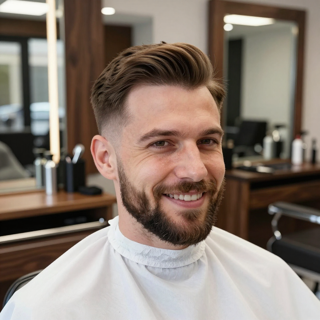 Smiling person in a barber's cape with a short fade haircut and trimmed beard, seated in a salon.