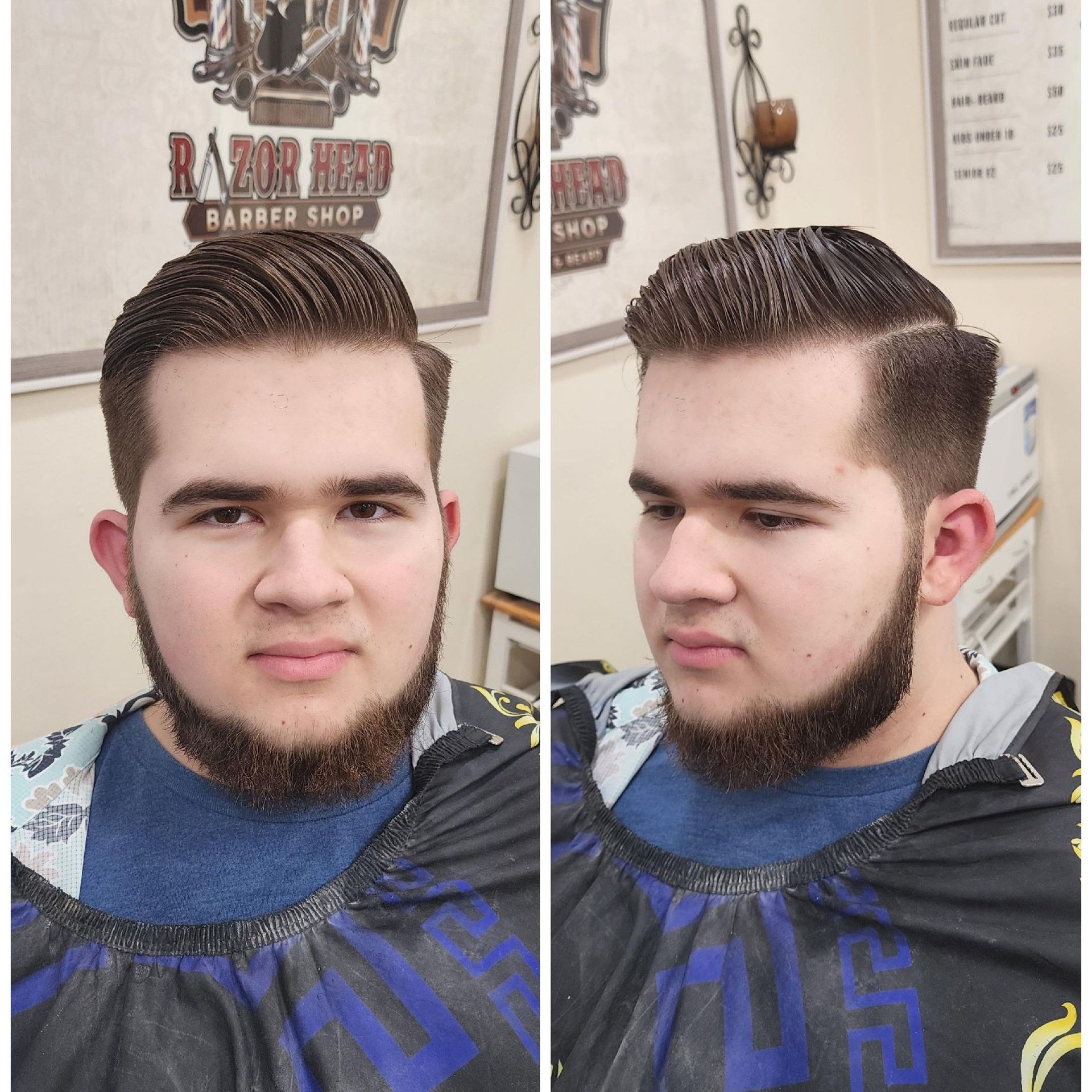 Two side-by-side portraits of a person with a short, tapered haircut and a thick beard in a barbershop.