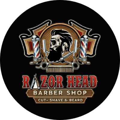Razor Head Barbershop logo with a bearded man, barber poles, scissors, and “Cut, Shave & Beard” text