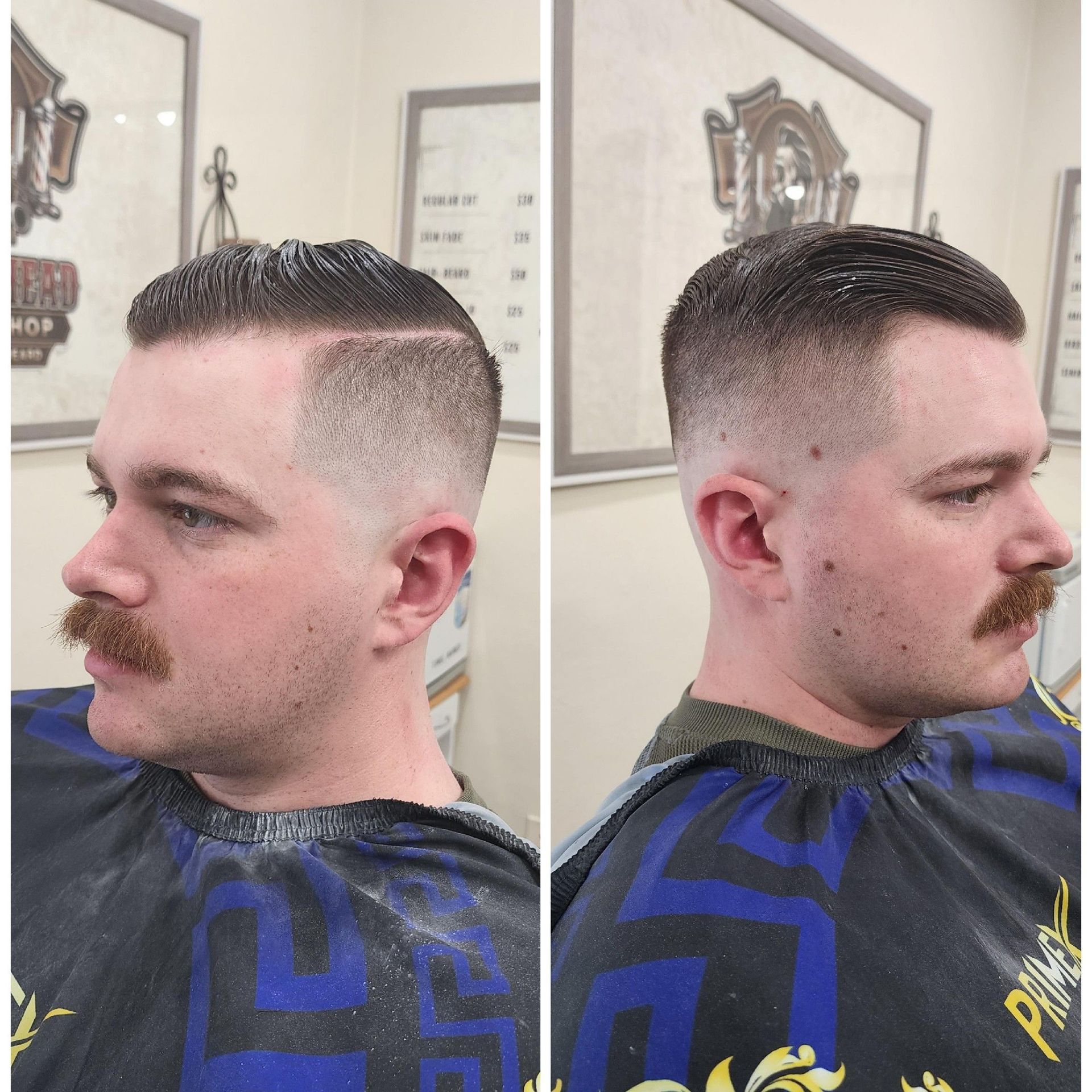A split-view photo showing a man’s fresh buzz-cut haircut with a faded side and a neatly trimmed mustache in a barbershop.
