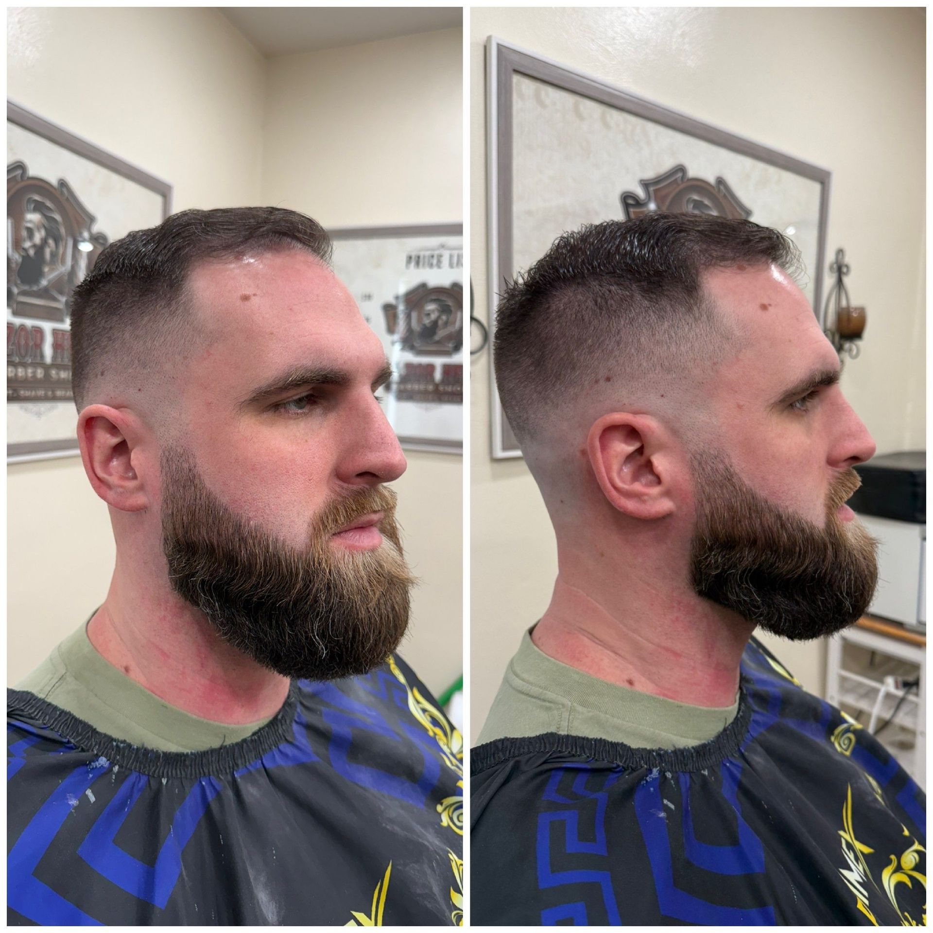 Split-screen side profile views of a haircut and groomed beard in a barbershop.