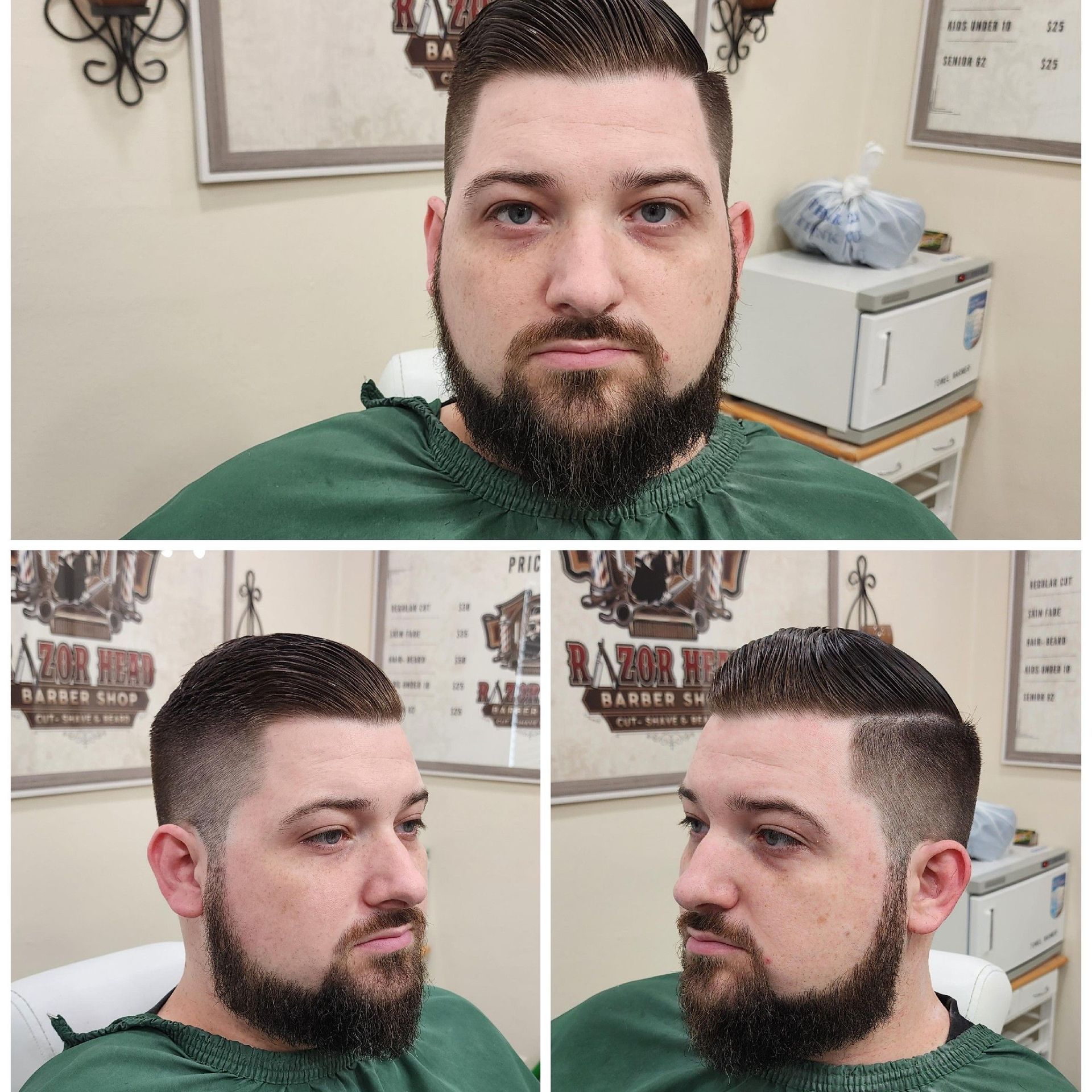 A person with a groomed beard and a short fade haircut, shown from front, side, and angled views in a barbershop.