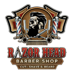 Logo for "Martino Razor Head Barber Shop" featuring a stylized silhouette of a bearded man, barber poles, and razors.