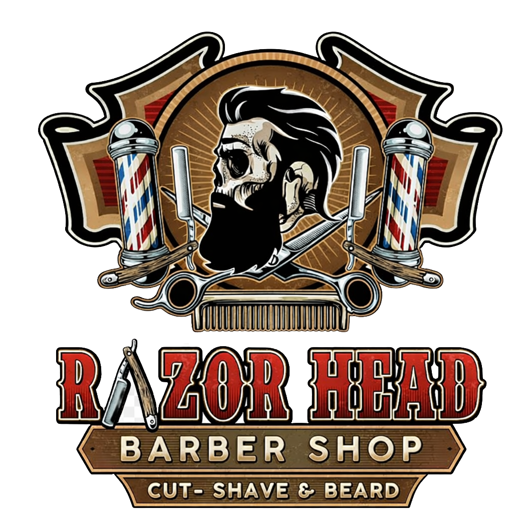 Logo for "Martino Razor Head Barber Shop" featuring a stylized silhouette of a bearded man, barber poles, and razors.