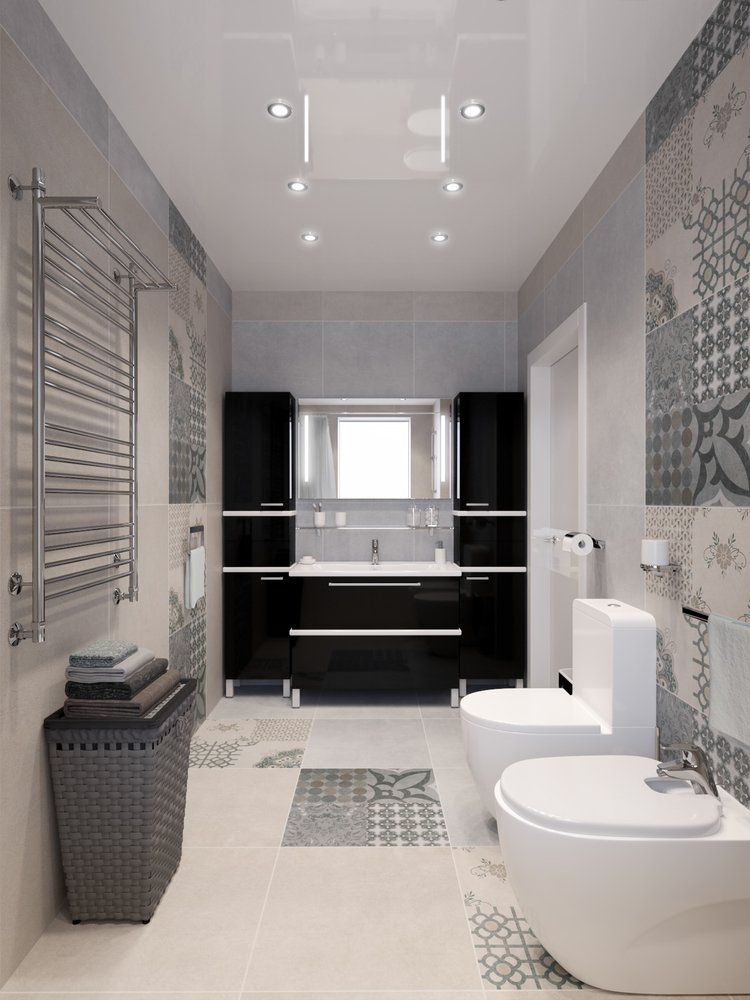 Modern bathroom interior with white beige gray tiles — New Homes in Wamberal, NSW