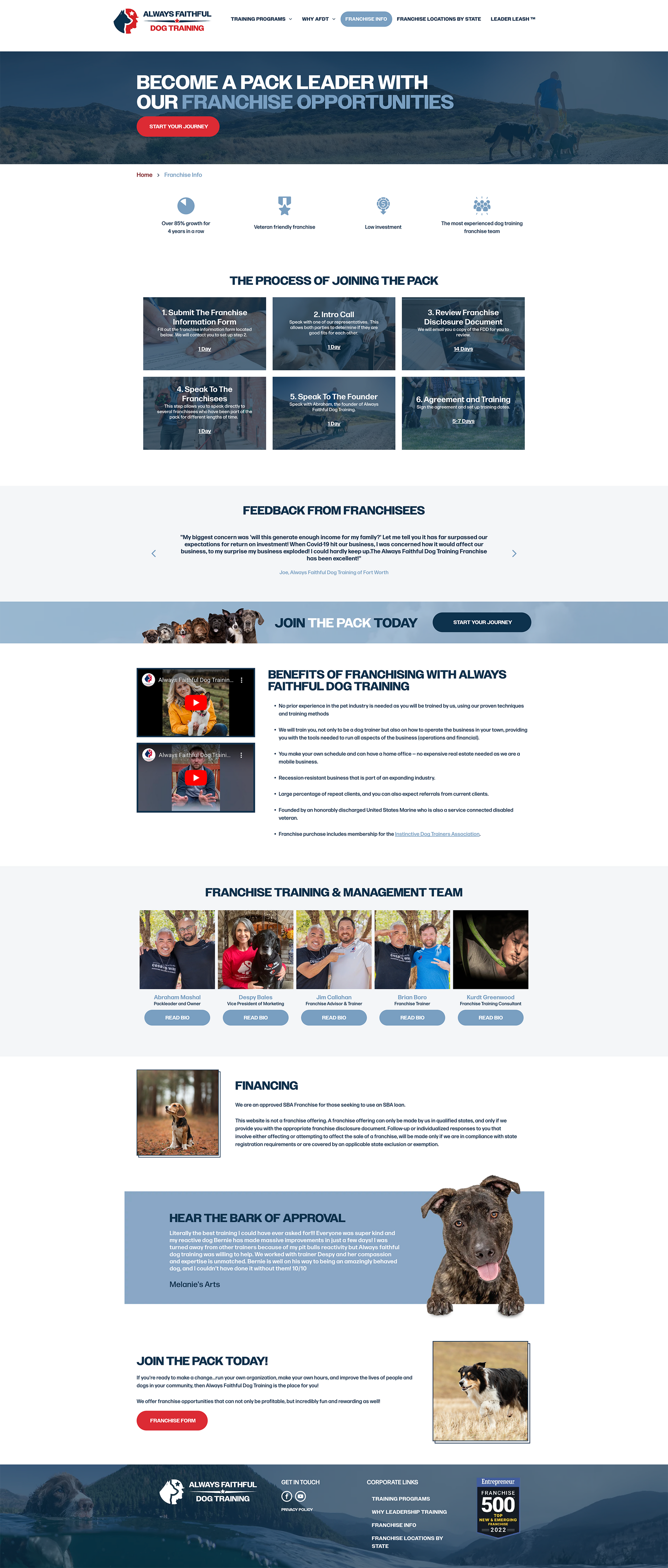 Mobile webpage with blue header, article tiles, and news thumbnails on a white background