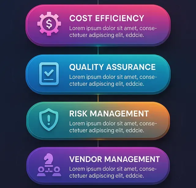 Four stacked rounded buttons for cost efficiency, quality assurance, risk management, and vendor management in pink, blue, orange, and purple.
