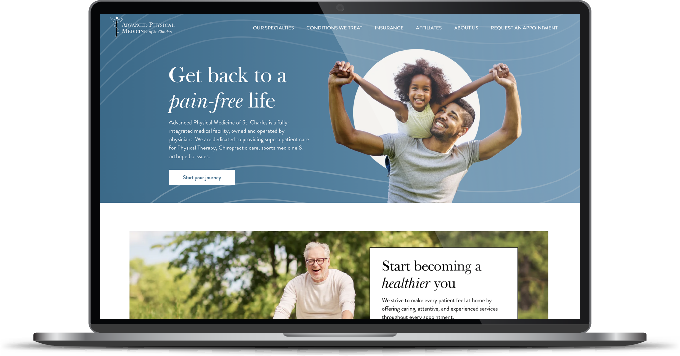 Laptop displaying a wellness website with a blue hero banner and a person stretching outdoors above a scenic landscape