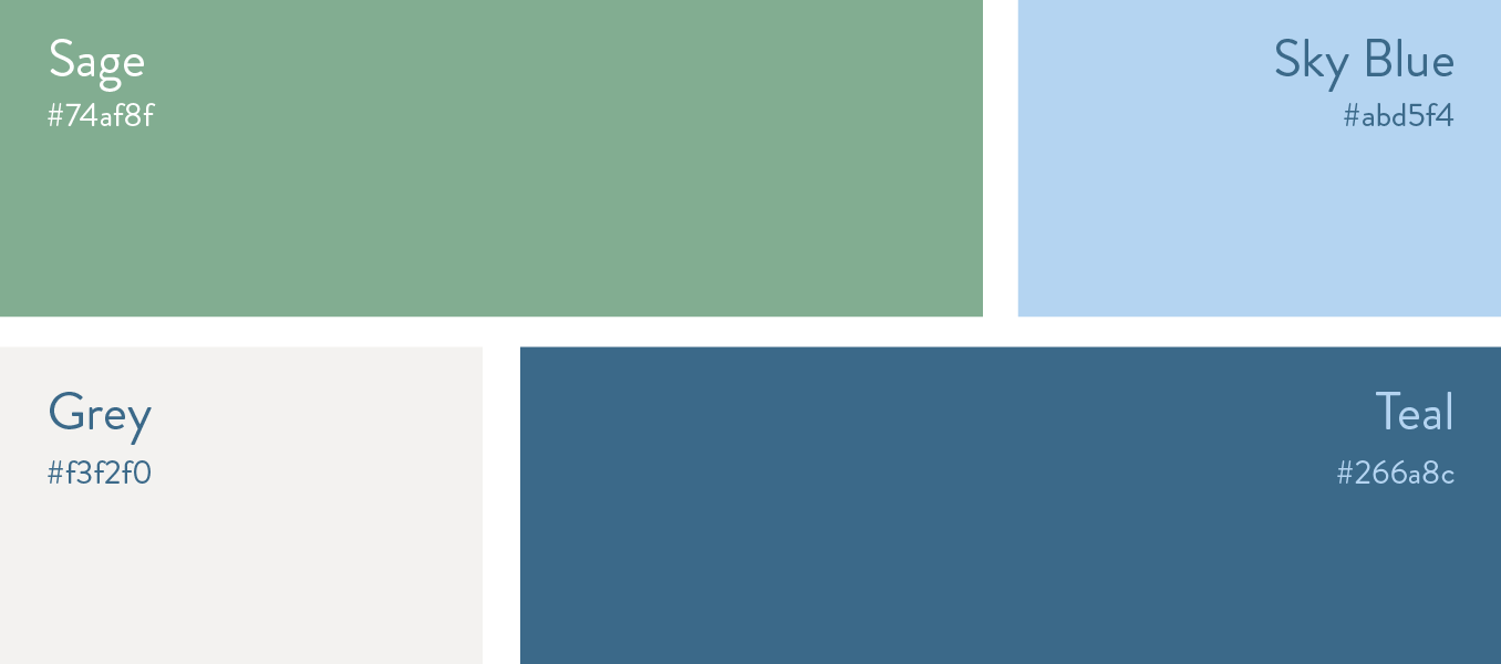 Four color swatches labeled Sage, Sky Blue, Grey, and Teal in a simple palette layout