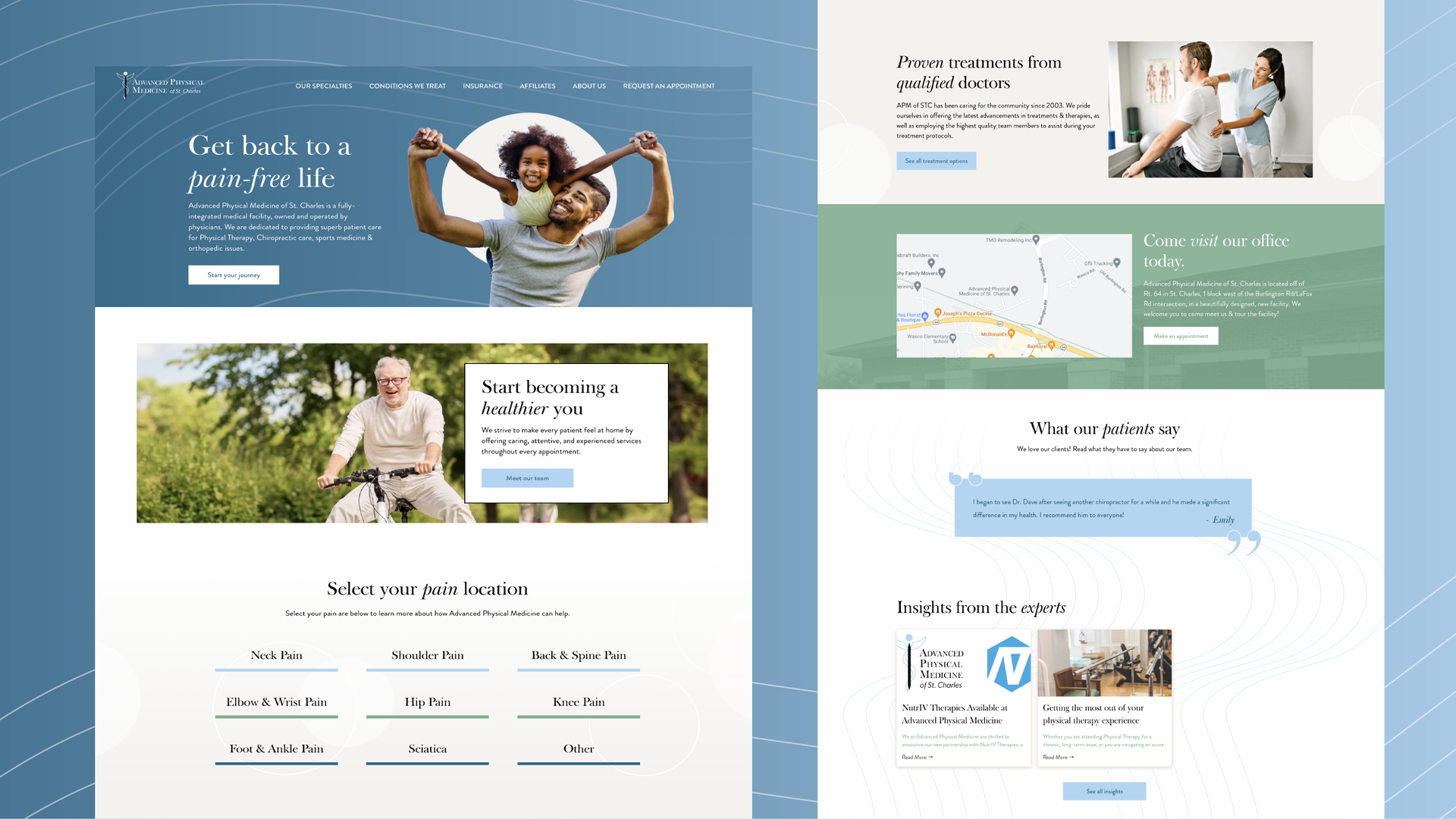 Mockup of a travel website with blue and green sections, photos, and booking details