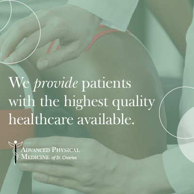 Physical therapy session with hands supporting a patient’s knee and the text, “We provide patients with the highest quality healthcare available.”