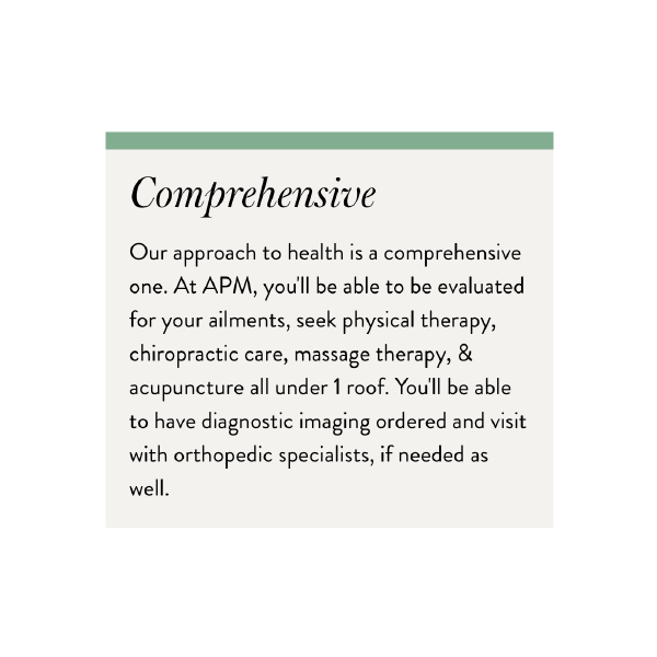 Beige informational card with green top border and text about comprehensive care at APM.