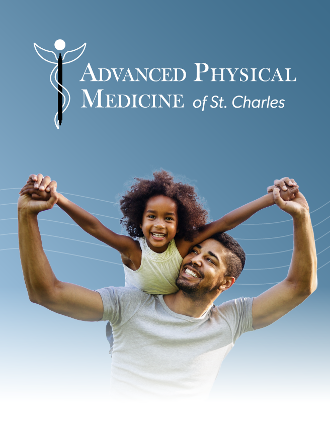 Advanced Physical Medicine of St. Charles logo over smiling father lifting child on shoulders