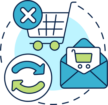 E-commerce return icon with shopping cart, envelope, refresh arrows, and an X in blue and green