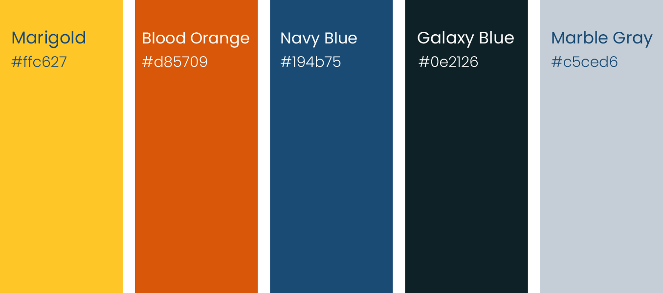 Five vertical color swatches labeled Marigold, Blend Orange, Navy Blue, Galaxy Blue, and Marble Grey.