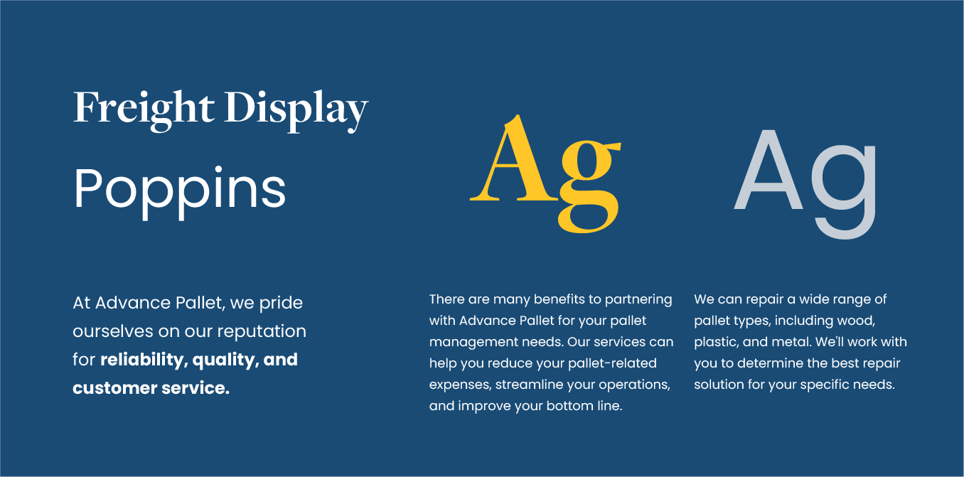 Blue typography poster showing “Freight Display,” “Poppins,” and “Ag” font samples on a dark background