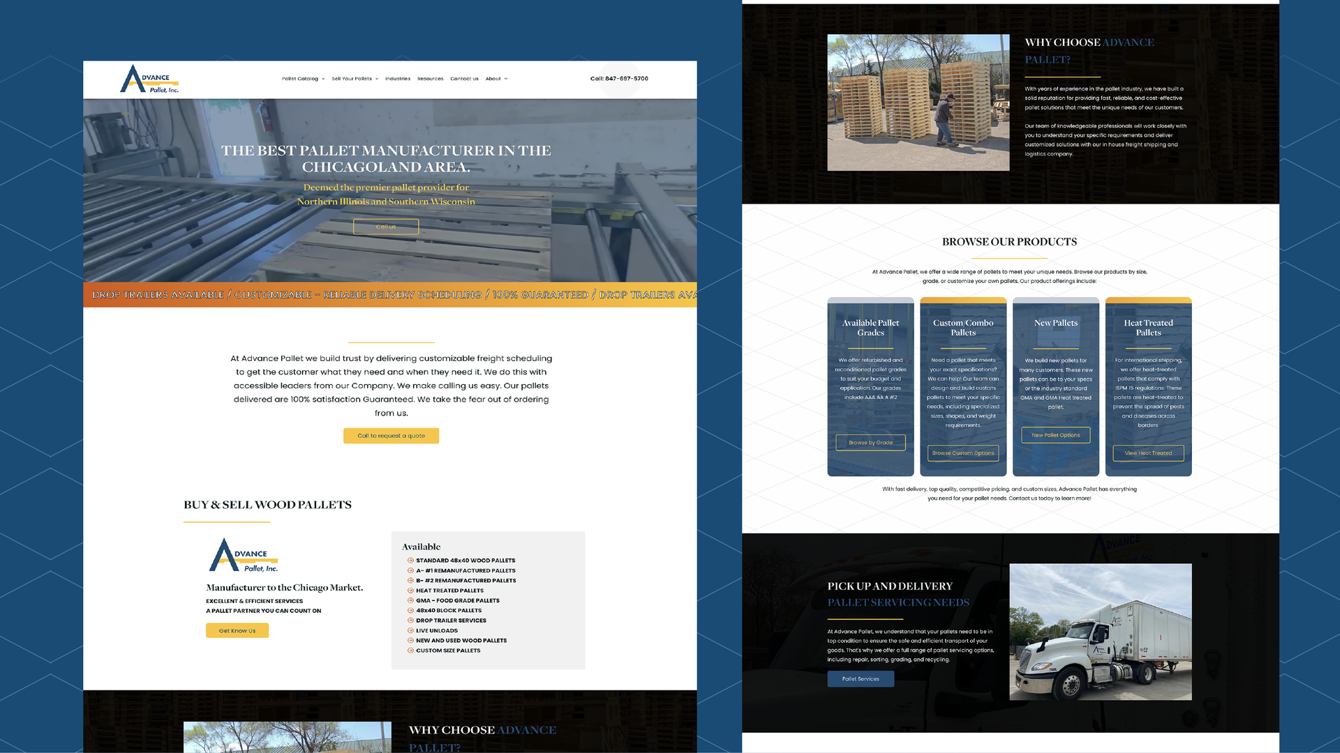 Collage of two website homepage designs with dark and white sections, hero banners, and service cards