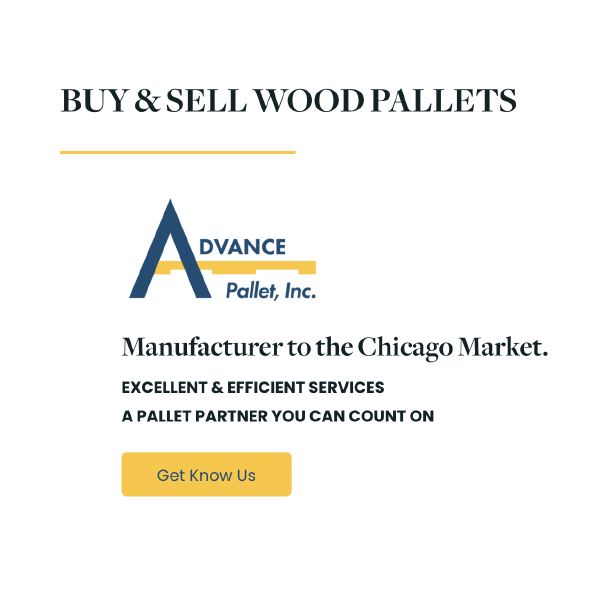 Wood pallet company ad with logo, “Buy & Sell Wood Pallets,” and a yellow “Get Know Us” button