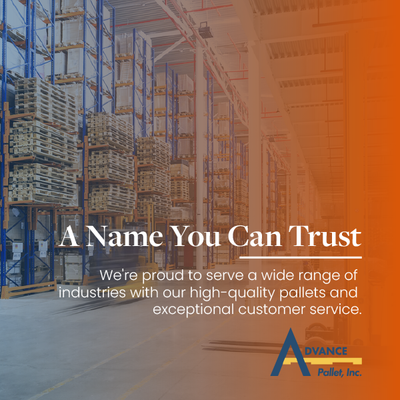 Warehouse aisle with pallet racks and orange-tinted overlay, titled “A Name You Can Trust” for Advance Pallet Inc.