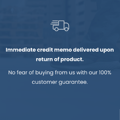 Blue promo card with delivery truck icon and text: immediate credit memo upon product return, 100% customer guarantee